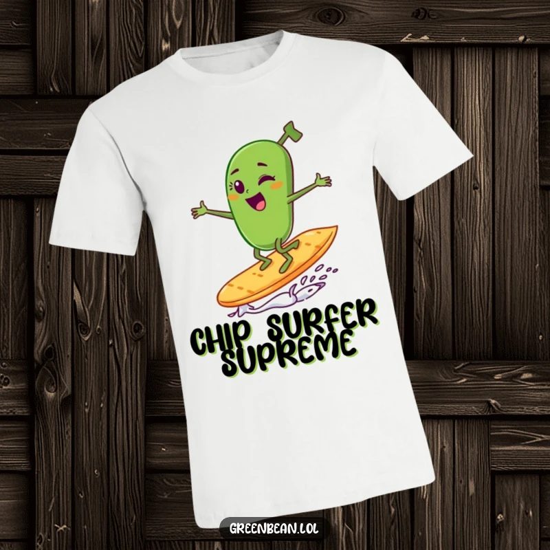 Funny green bean character winking its eye while surfing a potato chip, a comical graphic tee.