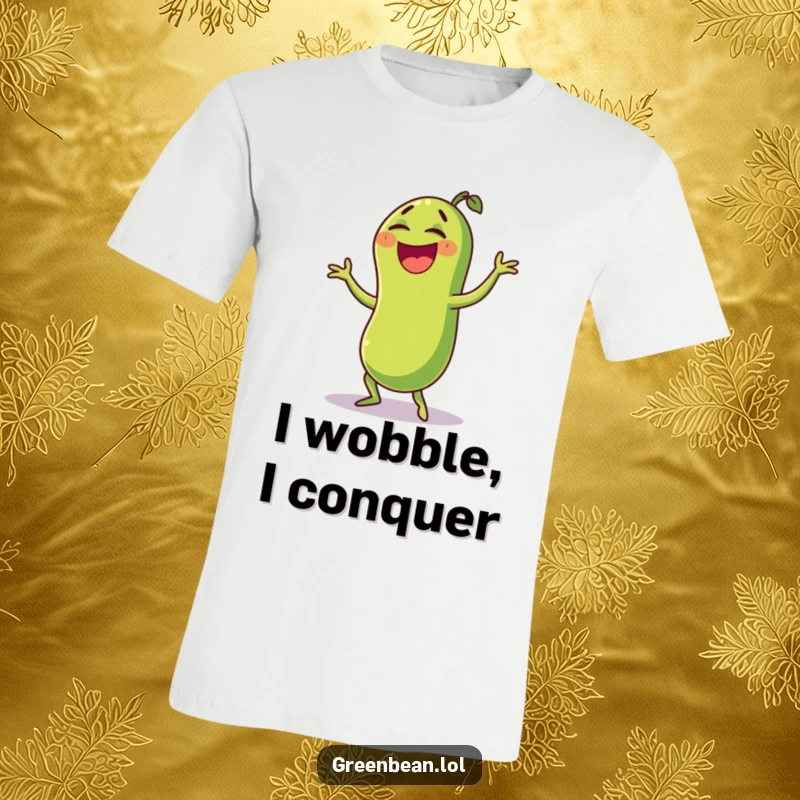 Funny green bean t-shirt featuring a laughing character in a comical wobble dance, embodying hilarious movement and pure joy. Comfortable fit.