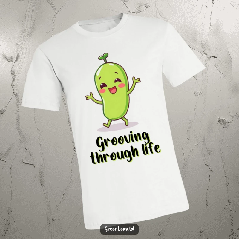 Funny Green Bean T-Shirt showing a happy character doing a little dance, radiating pure joy and energetic fun.