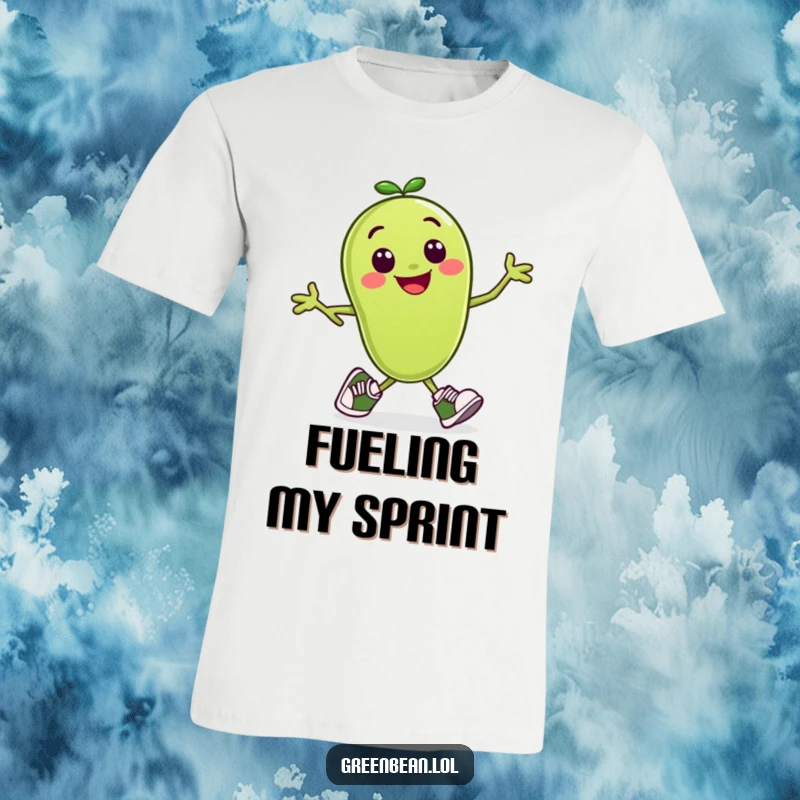 Funny t-shirt with a smiling green bean character in tiny running shoes, caught in mid-stride.