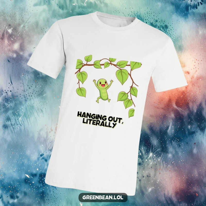 Funny T-shirt with a happy string bean playfully swinging on a vine like a trapeze, full of energy.