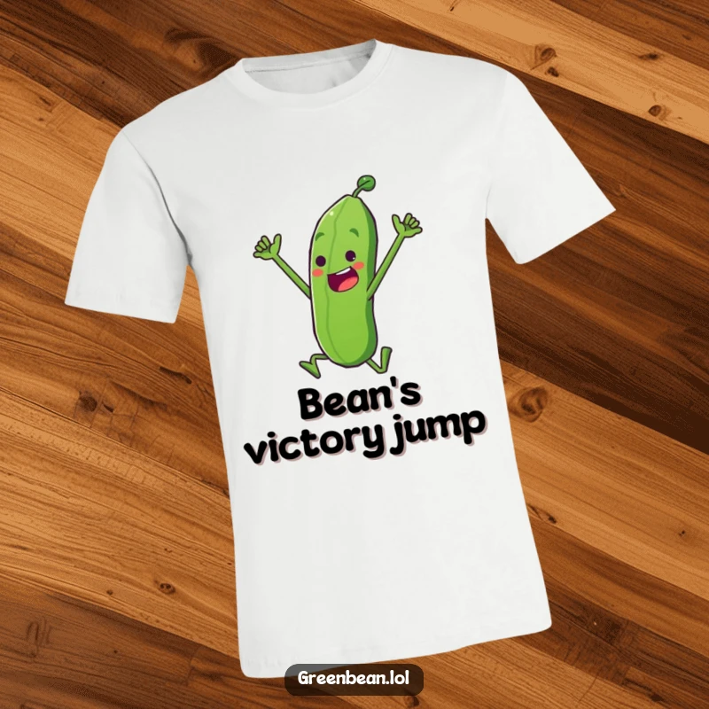 Funny T-Shirt with a determined green bean character doing a triumphant leap, celebrating success and humor, a great funny gift.