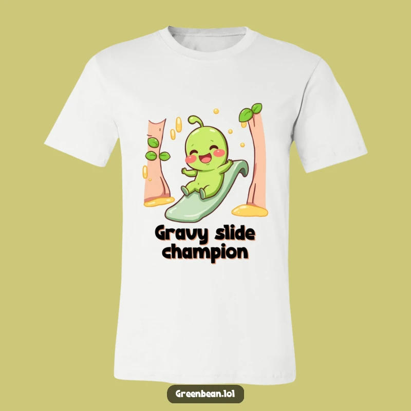 Funny Gravy Slide Tee - Giggling Green Bean Character Shirt