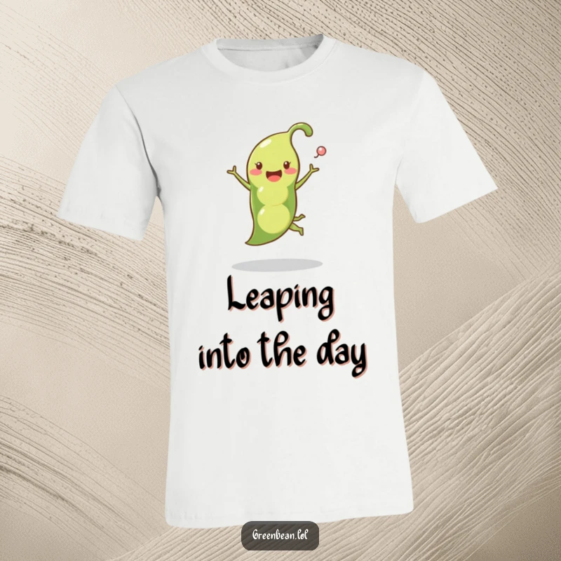 Funny pea pod t-shirt depicting a happy pea pod leaping with peas popping out, embodying playful energy and vegetable humor.