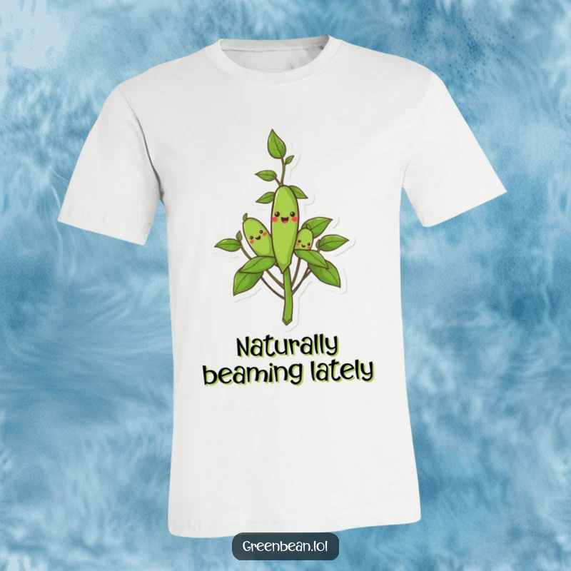 Funny t-shirt of a green bean plant with smiling pods, celebrating the humorous joy of gardening and healthy eating.
