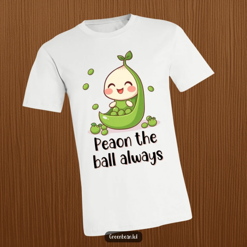 Funny t-shirt depicting a cheerful green bean segment skillfully juggling tiny peas, highlighting precision and fun.