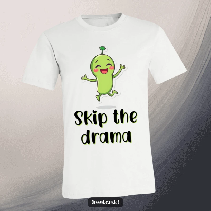 Funny green bean t-shirt showing a joyous character skipping with glee, embodying pure happiness and playful movement. Comfortable and fun.