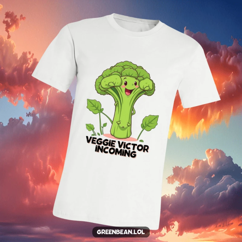 Funny t-shirt with a determined green bean character attempting to climb a smiling broccoli stalk, depicting a comical struggle.