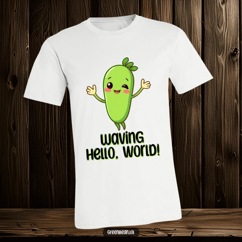 Funny green bean t-shirt with a smiling, ecstatic character enthusiastically waving hello. This cheerful tee is a fun gift.