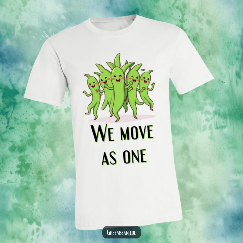 Funny dancing green beans t-shirt depicting a bunch of cheerful green beans doing a synchronized dance, representing playful teamwork and humor.