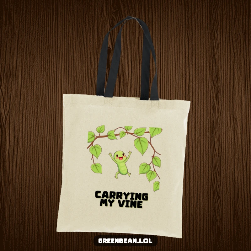 Funny tote bag showing a happy string bean swinging from a vine like a trapeze, embodying playful spirit.