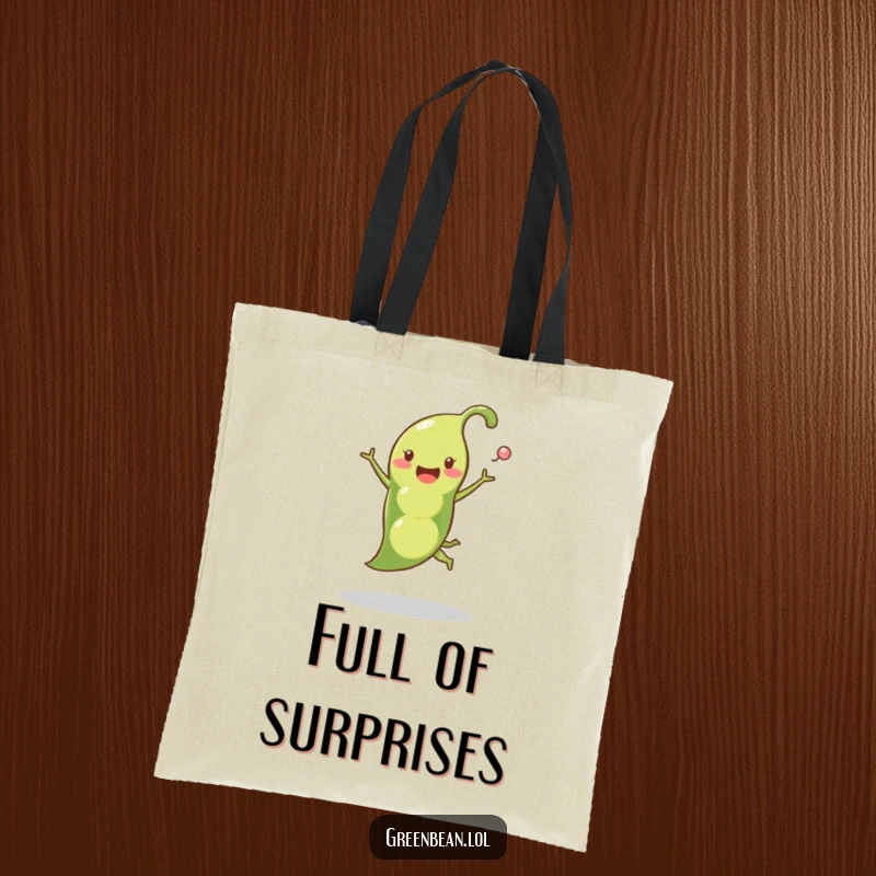 Funny pea pod tote bag illustrating a happy pea pod leaping with peas popping out, perfect for carrying groceries with a touch of humor.