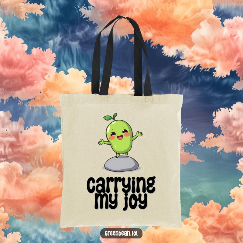 Funny tote bag with a green bean character bouncing on a pebble, perfect for carrying essentials with a dose of energy.