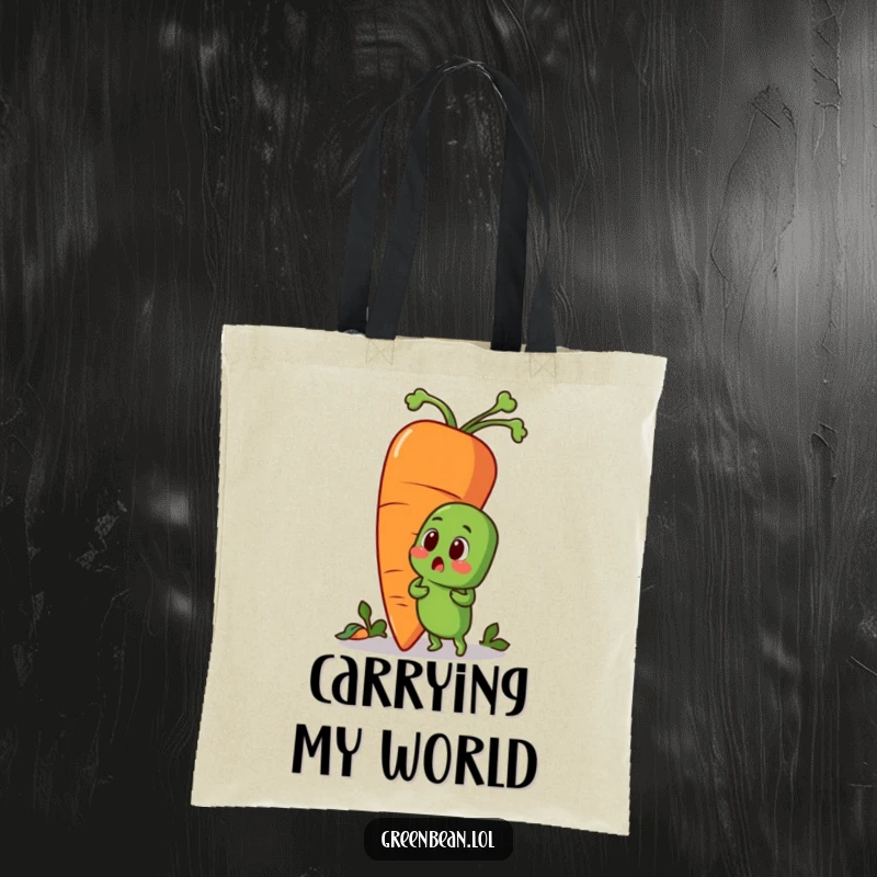Funny tote bag with a surprised green bean character and a giant carrot friend. Humorous vegetable design for everyday use.