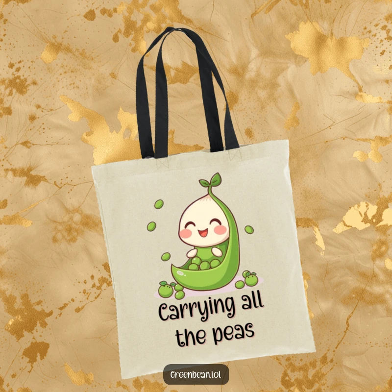 Funny tote bag featuring a green bean segment juggling multiple peas, symbolizing multitasking and playful coordination.