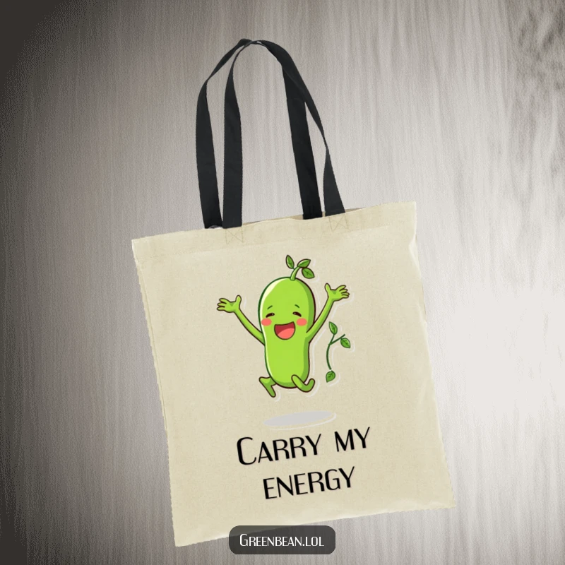 Funny tote bag featuring a happy green bean character doing a jumping jack with a vine, great for carrying things.