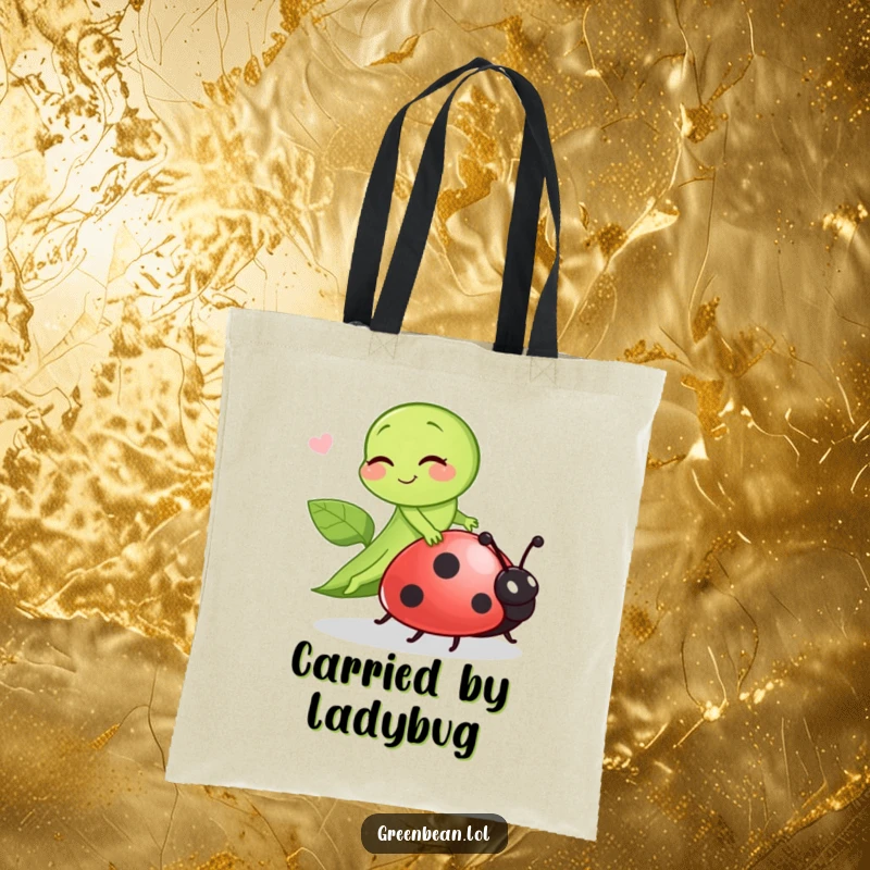 Funny green bean winking playfully while riding a ladybug, a durable and humorous tote for daily use.