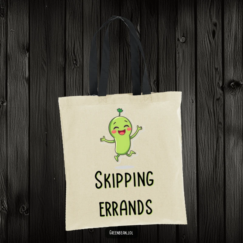 Funny green bean tote bag showcasing a joyous character skipping with glee, blending practicality with pure veggie happiness. Sturdy and stylish.