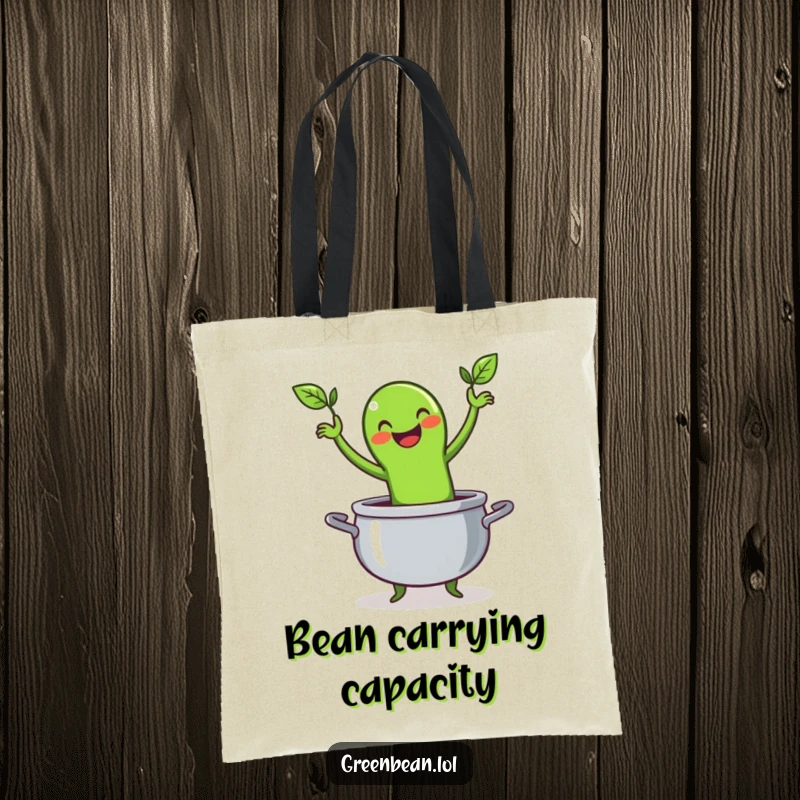 Funny tote bag illustrating a happy green bean character performing a lively jig inside a cooking pot, perfect for veggie enthusiasts.
