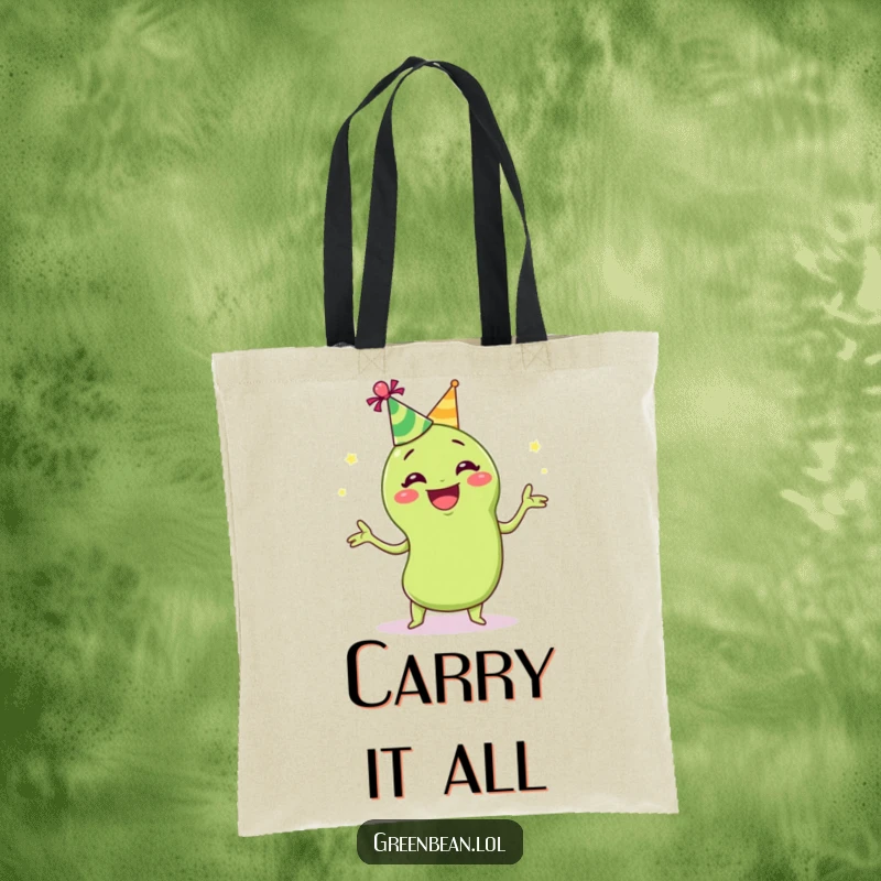 Funny juggling green bean tote bag showing a grinning green bean in a party hat, juggling, adding a festive and humorous touch to carrying items.