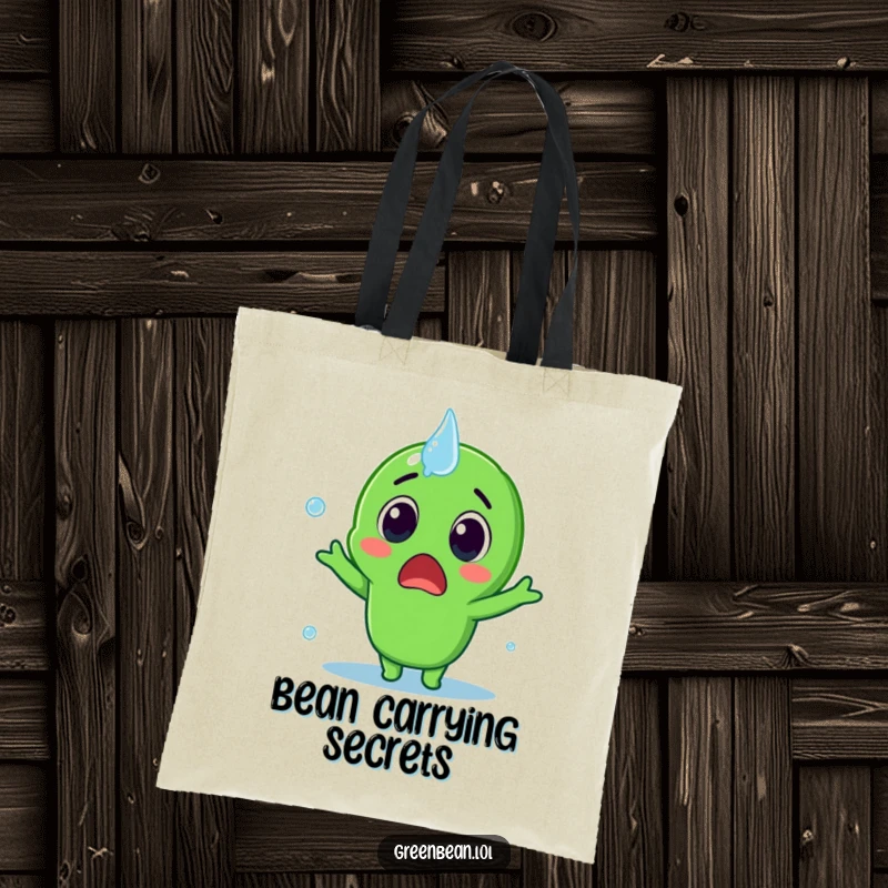 Funny Tote Bag featuring a surprised green bean character being splashed, perfect for carrying items with a splash of humor, a fantastic funny gift.