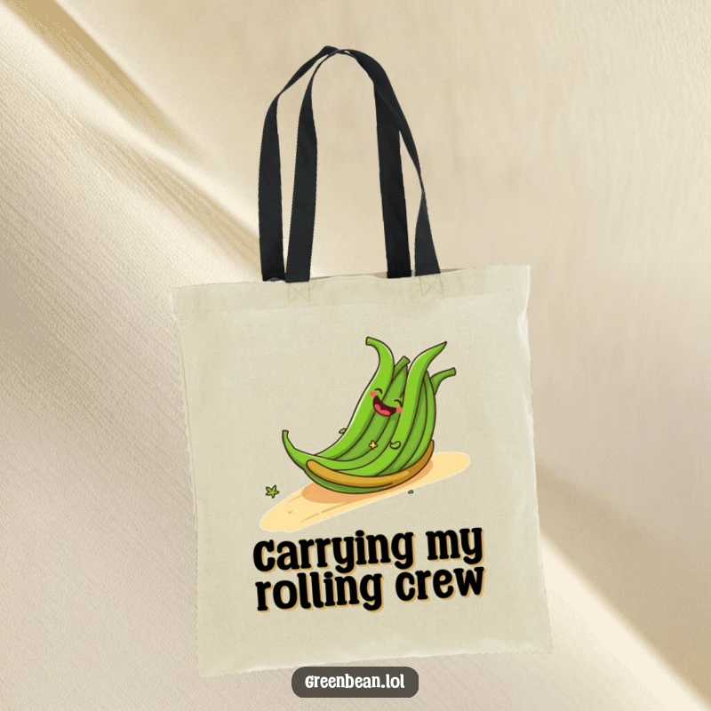 Funny tote bag showing a cheerful bundle of green beans giggling as they roll down a slope, perfect for carrying smiles. A wonderful funny gift.