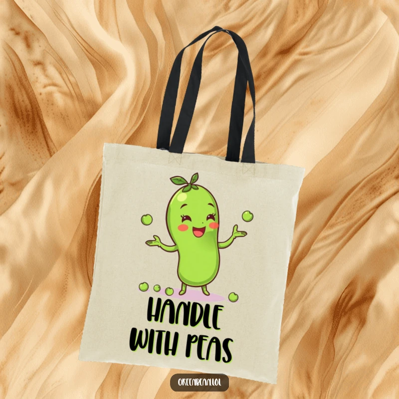 Funny green bean tote bag featuring a cheerful character juggling small peas, blending practicality with adorable veggie circus fun. Sturdy and stylish.