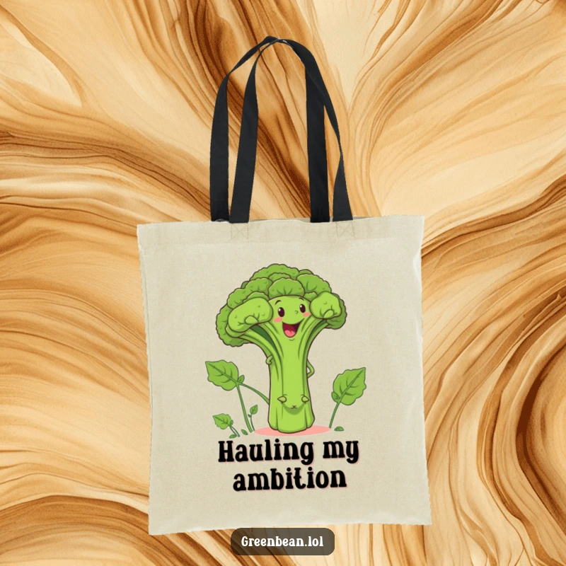 Funny tote bag featuring a determined green bean character climbing a smiling broccoli stalk, perfect for carrying essentials and smiles.