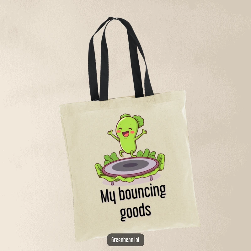 Funny tote bag illustrating an excited green bean character gleefully bouncing on a trampoline constructed from lettuce leaves.