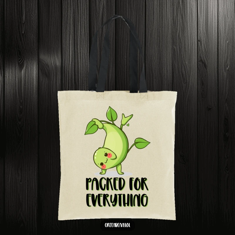 Funny Green Bean Tote Bag: A vibrant tote featuring a green bean character doing a playful somersault, perfect for carrying items with humor.