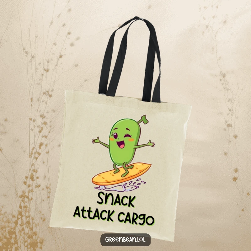 Funny green bean character winking and surfing a potato chip, making this tote bag a humorous accessory.